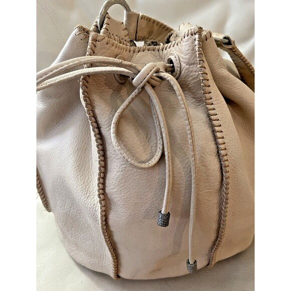 Vintage Sigrid Olsen Leather Hobo Bucket Bag Drawstring Cottagecore Y2K Beige - Picture 9 of 16